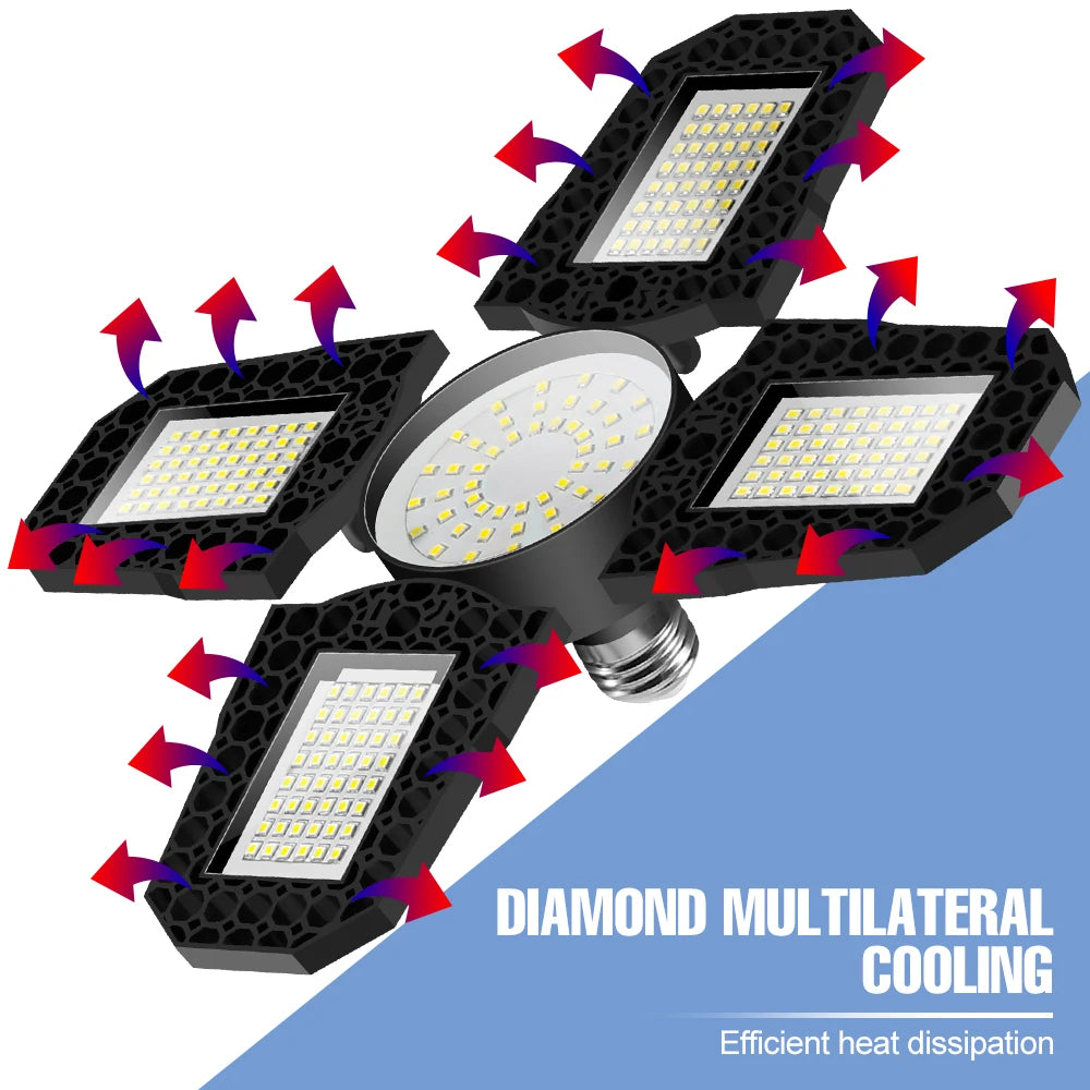 200W Deformable LED Garage Light (E26/E27) AC85-265V - Foldable High Bay Ceiling Lamp for Workshop, Warehouse & Basement