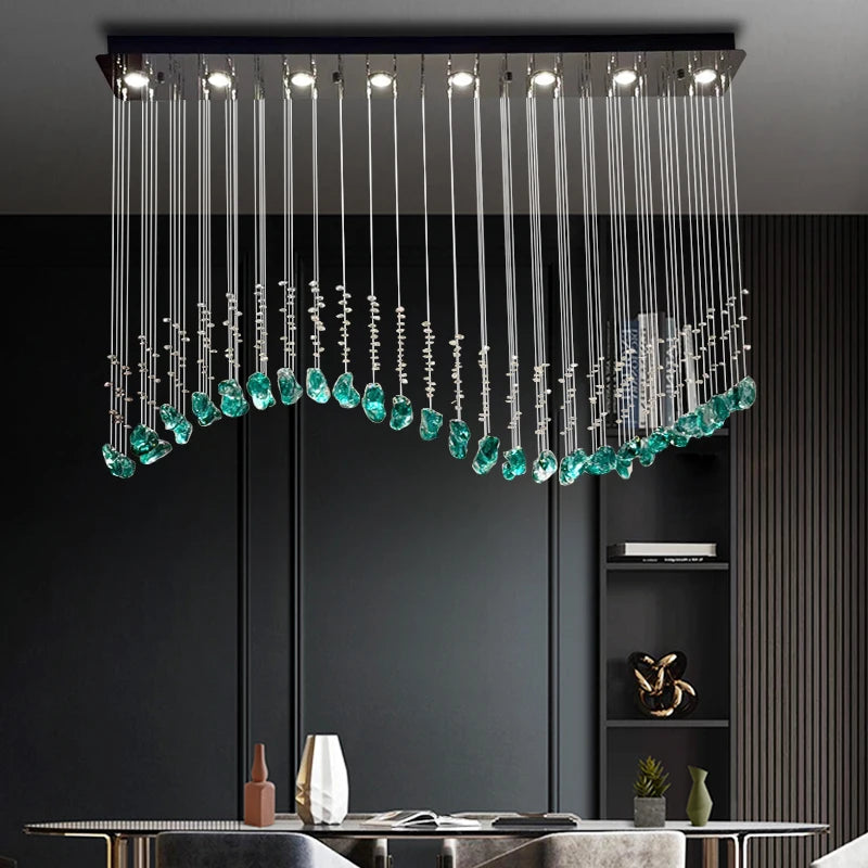 Dining Room Chandeliers Duplex Villa Hall Hanging Lamp Luxury Living Room High Ceiling Green Stone Glass LED Pendant Lights