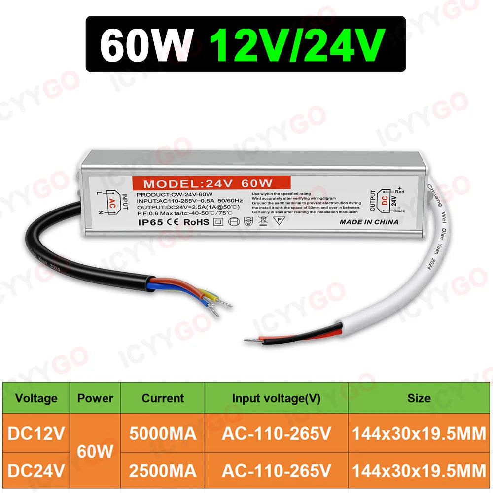 12W 24W 36W 60W IP68 Waterproof Power Supply Transformer For Outdoor Lighting, AC90-265V to 12V/24V Waterproof LED Driver