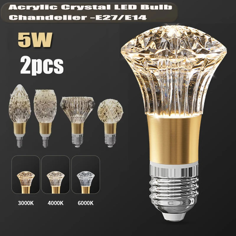 Acrylic Crystal Mini Pendant Light 2pcs - E27/E14 LED Fairy Lamp for Bedroom & Kitchen, Warm White/Cold White, 110V-220V