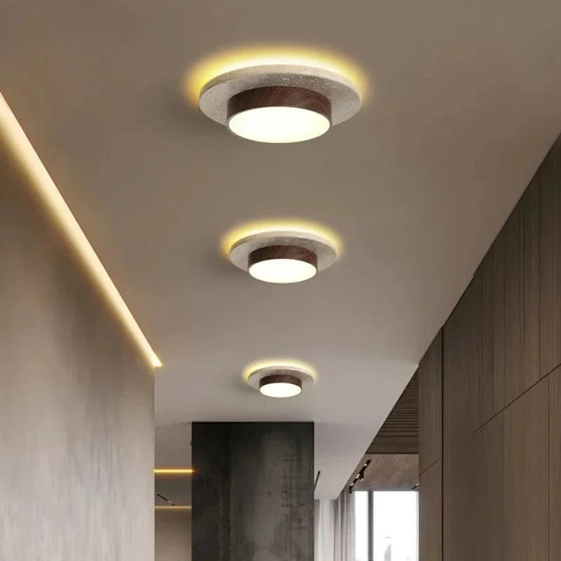 Wabi-Sabi Stone Ceiling Lamp - D22cm Walnut Wood LED Light for Corridors
