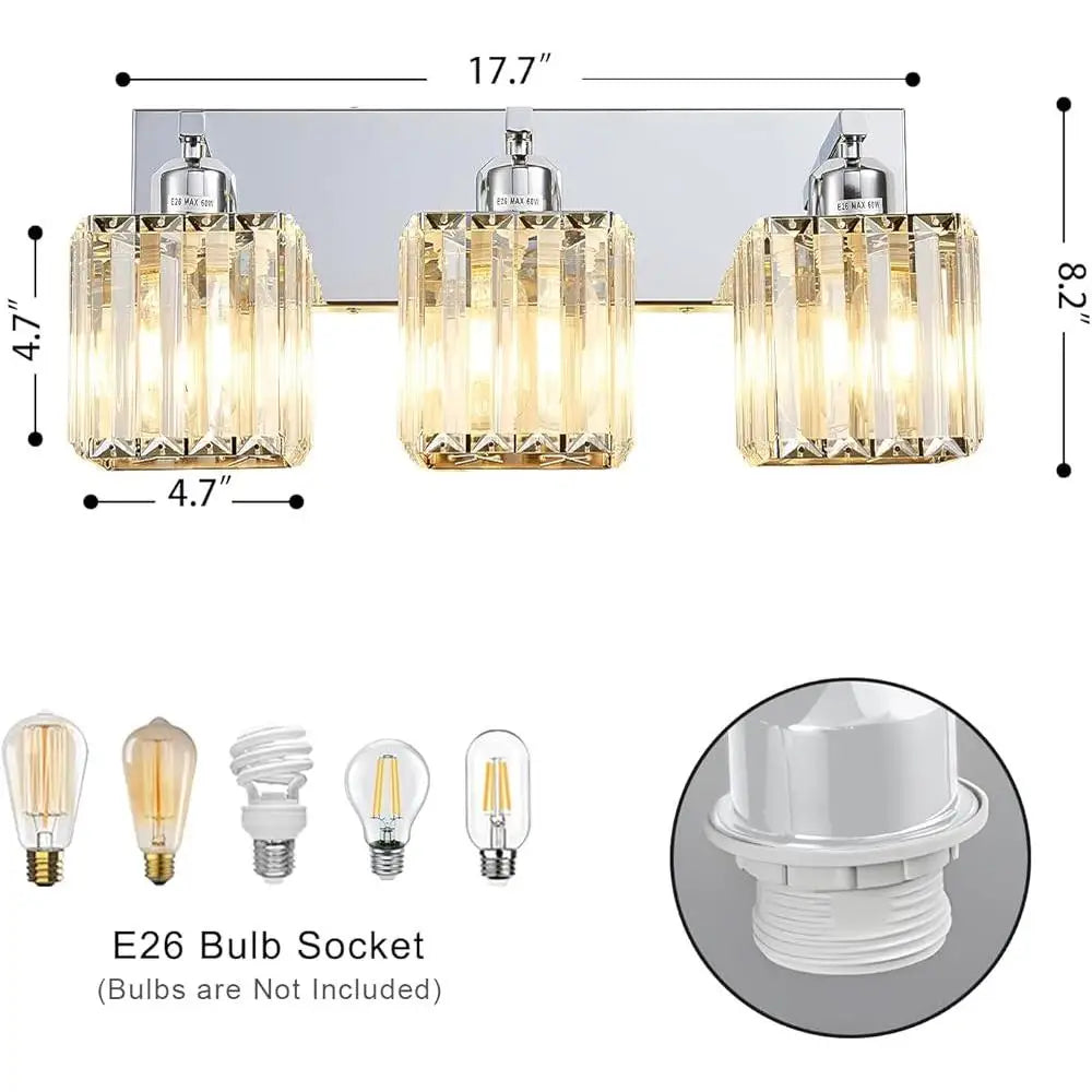 Modern Bathroom Vanity Light Fixture 3-Light Chrome Crystal Lighting Over Mirror Dimmable E26 Compatible Easy Install Home