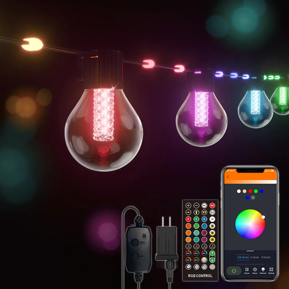 50Ft RGBW Smart String Lights with Rope Fairy APP Remote Control Dimmable G40 Patio Lights Outdoor Christmas Tree Garden Decors