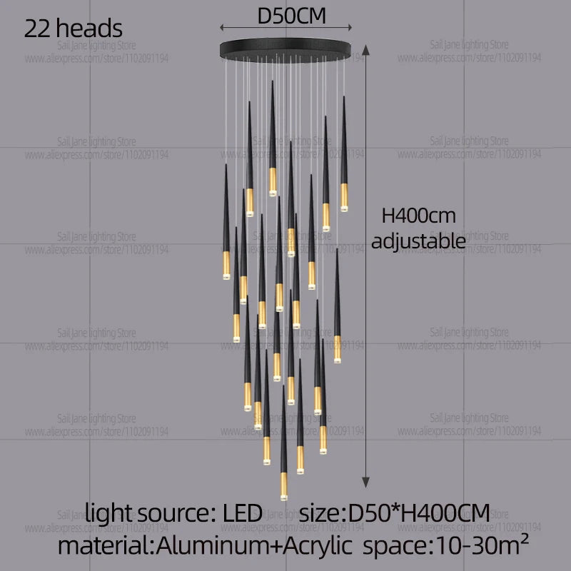 New Luxury Chandelier Nordic Conical Light Modern Living Room Duplex Attic Long Pendant Light Villa Staircase LED Pendant Light