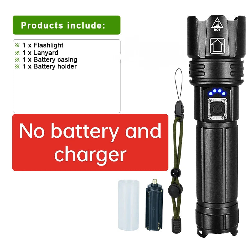 New Super Flashlights Torches Ultra Powerful Flashlight USB Recharge Flash Light 12000MAh LED Flashlight Zoom Tactical Lantern