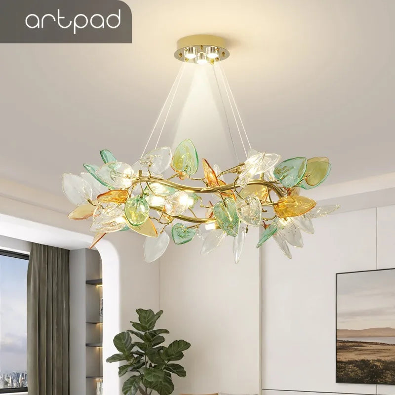 Modern Glass Leaf Pendant Chandelier for Living Dining Room Branch French Colorful Ceramics Leaf Pendant Light Kid Bedroom