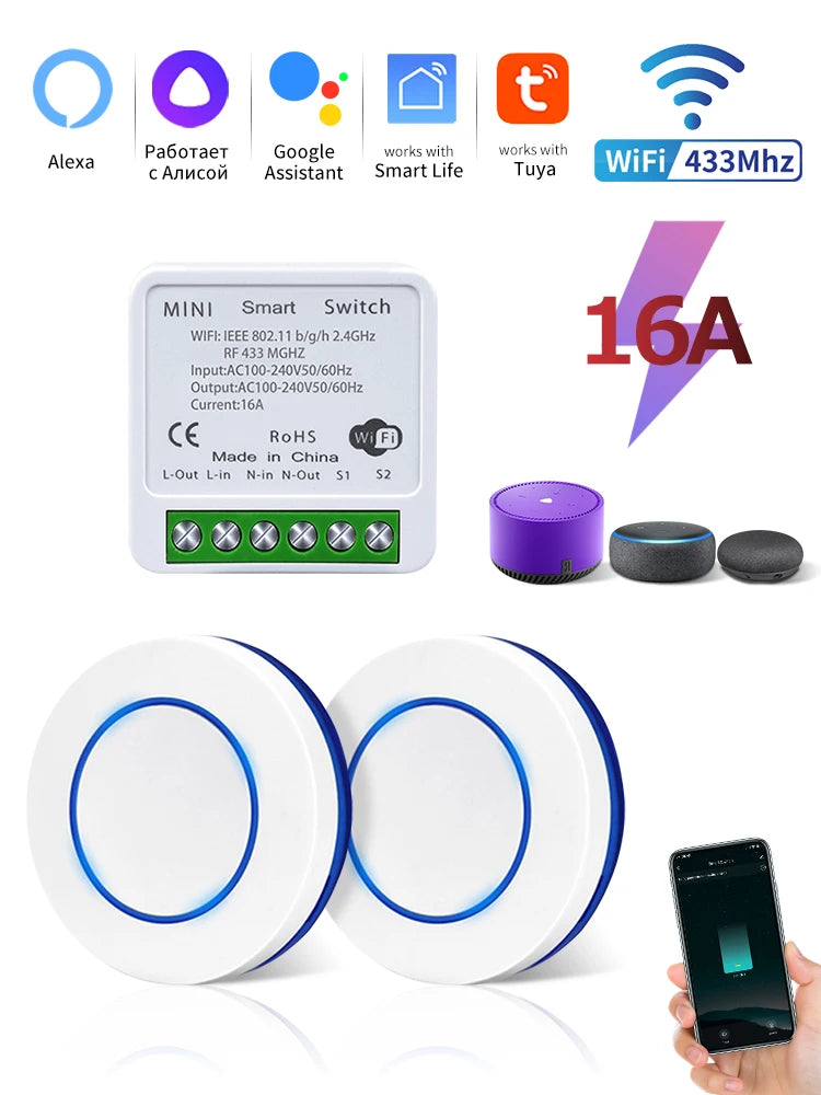 Tuya WiFi Smart Switch 16A - RF 433MHz Remote Relay Receiver Kit