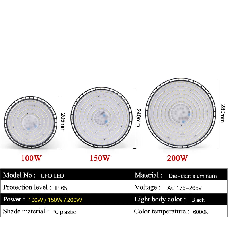 High Bay Light 100W 150W 200W UFO LED 220V 6000K Waterproof IP65 Warehouse Garage Light Super Bright Industrial Lighting