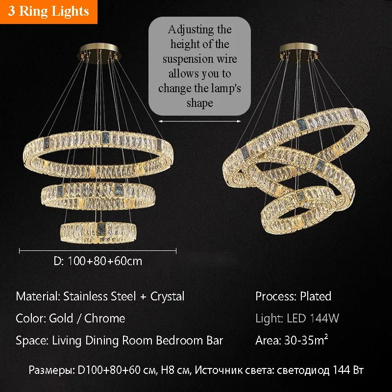 Nordic Luxury Ring K9 Crystal Chandelier Villa Living Dining Room Bedroom Ceiling LED Pendant Light Indoor Lighting Hanging Lamp