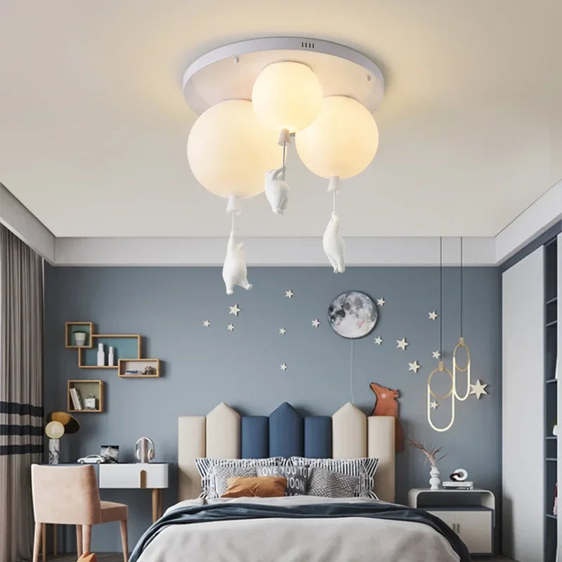 Round Modern Minimalist Bear-Shaped LED Resin Ceiling Light for Children's Rooms Boys' Girls' Bedrooms Indoor Home Decor Ambient