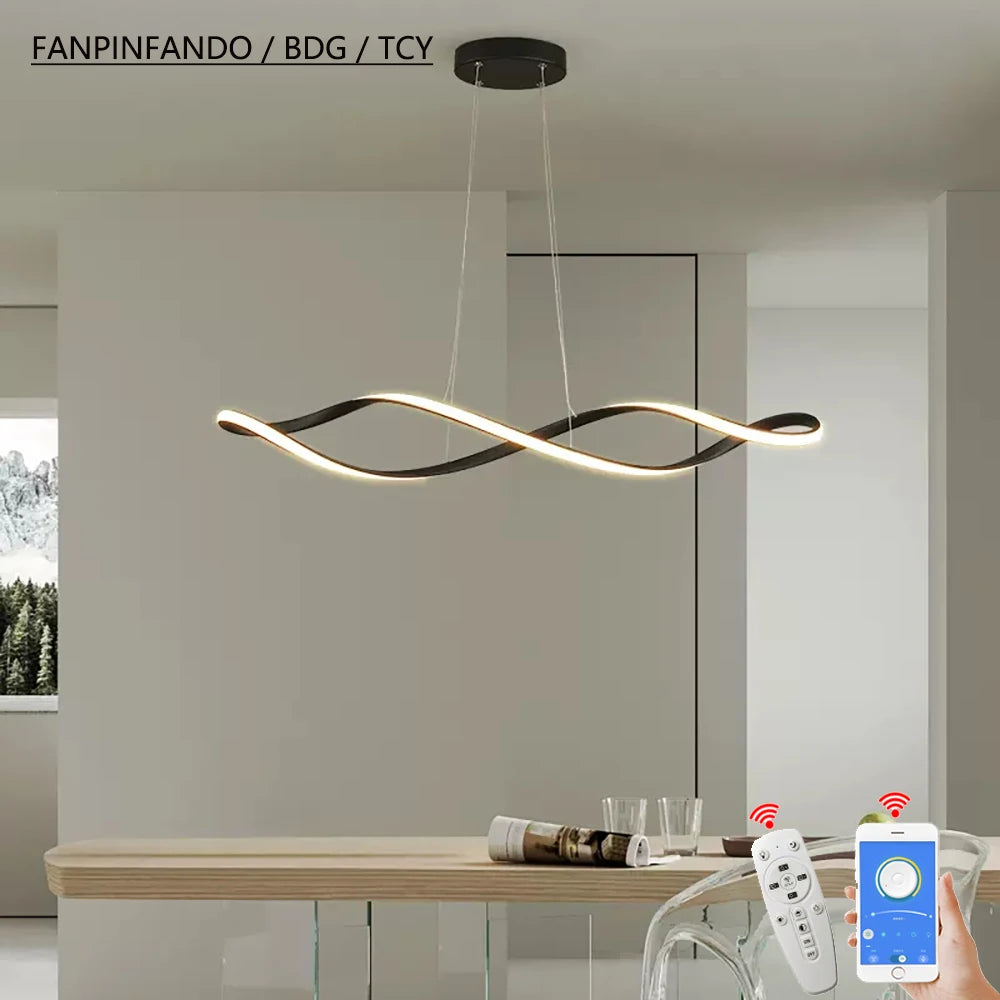 Modern pendant light for dining room, Dimmable kitchen island Chandelier, Gold/Chrome/Black pendant ceiling light,L92cm W/remote