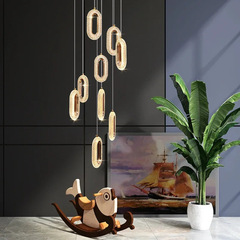 Modern Rings LED Chandeliers For Staircase Luxury Long Hanging pendant Lamps Gold Creative Indoor Attic Lighting Lustre Fixtures