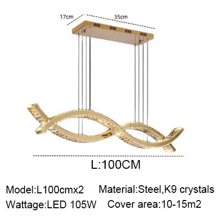 2026 Dining Room Lustre Remote Control Dimmable Pendant Lights Luxury K9 Crystal Hang Chandelier Wave Steel Lamp Fixtures