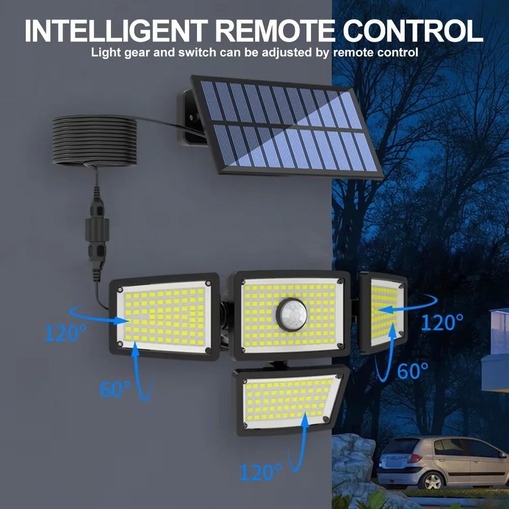 278 LED Solar Motion Sensor Outdoor Flood Light - 3-Head Waterproof Security Wall Lamp for Patio, Yard & Garage