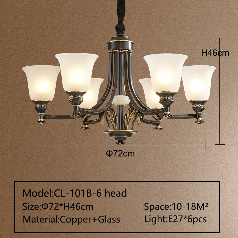 Solid Brass Chandelier with Glass Shades - 3-Color LED Luxury Dining Room Light