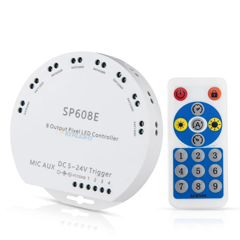 SP608E 8-Channel Music LED Controller (DC5V–24V) - Built-in Mic & Bluetooth App Remote for WS2811, WS2812B & WS2815