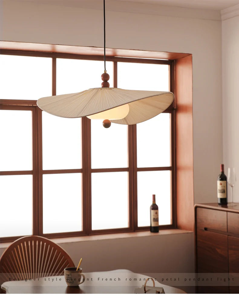 Wabi-Sabi Wood & Cloth Pendant Light - Retro Fabric Ceiling Chandelier Lamp Fixture with Glass Accents for Restaurant, Hotel & Home Decor