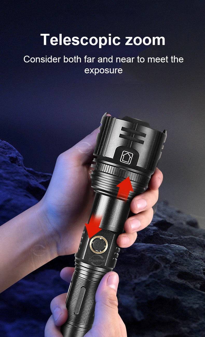 New Super Flashlights Torches Ultra Powerful Flashlight USB Recharge Flash Light 12000MAh LED Flashlight Zoom Tactical Lantern