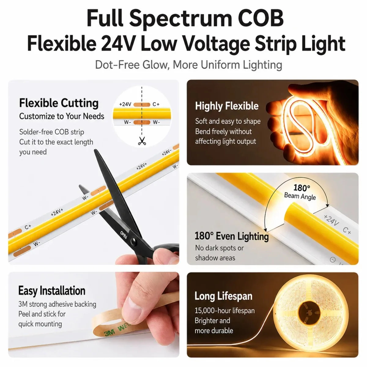  24V LED COB Free Cut Strip 5m 10m 312/576 LEDs Flexible Light Tape 3000K 4000K 6000K Bright Linear Lighting with Remote Control