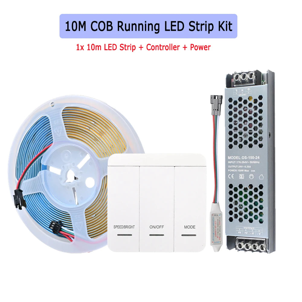 10M 20M COB Running Water Flowing LED Strip 24V Horse Racing Light Dimmable Flexible Linear Lamp RF Wall Panel Remote Control