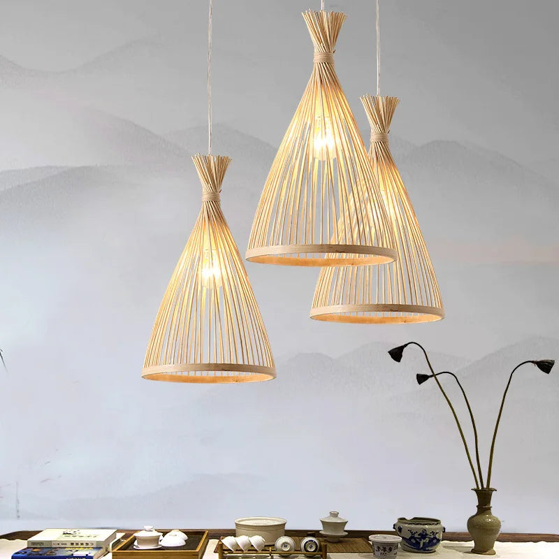Hot Sale Bamboo Pendant Lamp Restaurant Bamboo Vine Lampshade Chandeliers Pendant Lights HandmadeNatural Rattan Wicker E27 LED