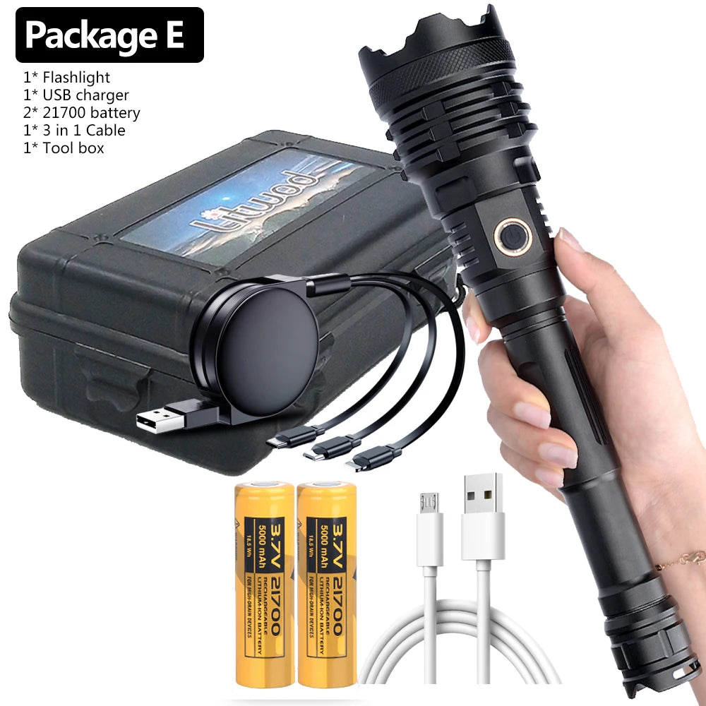 The Most Brightest Led Flashlight XHP110.2 16-core Power Bank 10000mah Torch Usb Rechargeable 21700 Battery Zoomable Lantern 50W