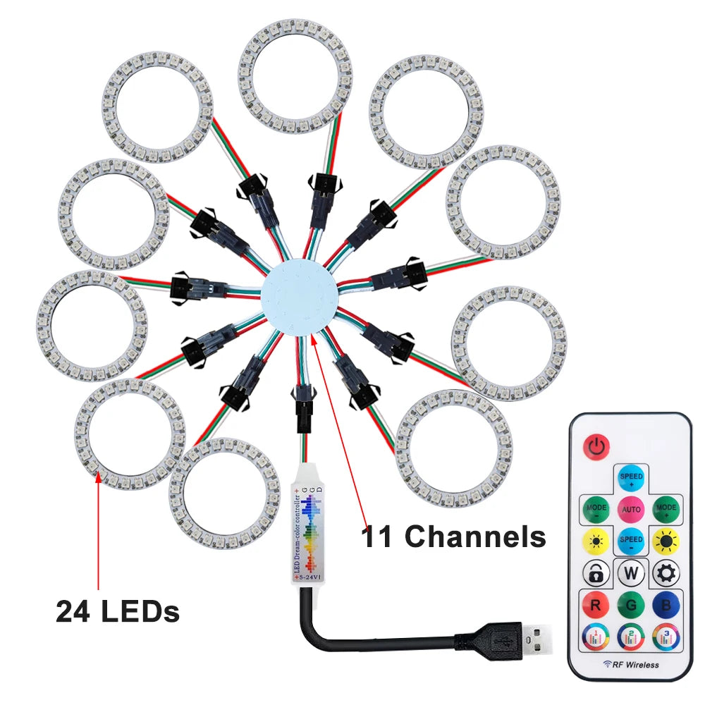 LED Sparkle Ring Light Circle Module WS2812B Individually Addressable RGB Atmosphere Lamp 17 Key Music Remote Control for Party