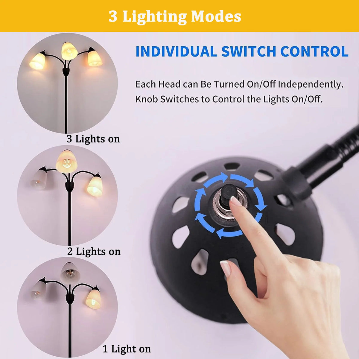Modern Reading Floor Lamp, 3-Light Floor Lamp Black with Reading Lamp, Adjustable Flexible Tree Standing Lamp for Bedroom Study Room Office, Modern Multi Head Reading Floor Lights, E26 Base
