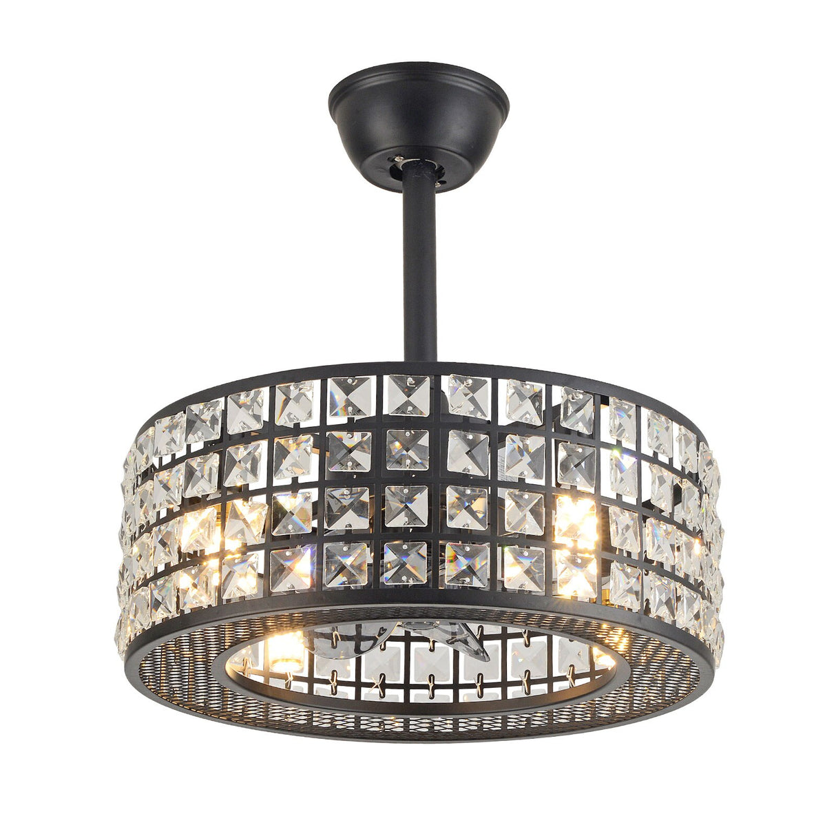 Remote Control Ceiling Fan Light with 4-Lamps 18 Inch Round Enclosed Chandelier Fan with Crystal Lamp Shade Built in 7 ABS Blade