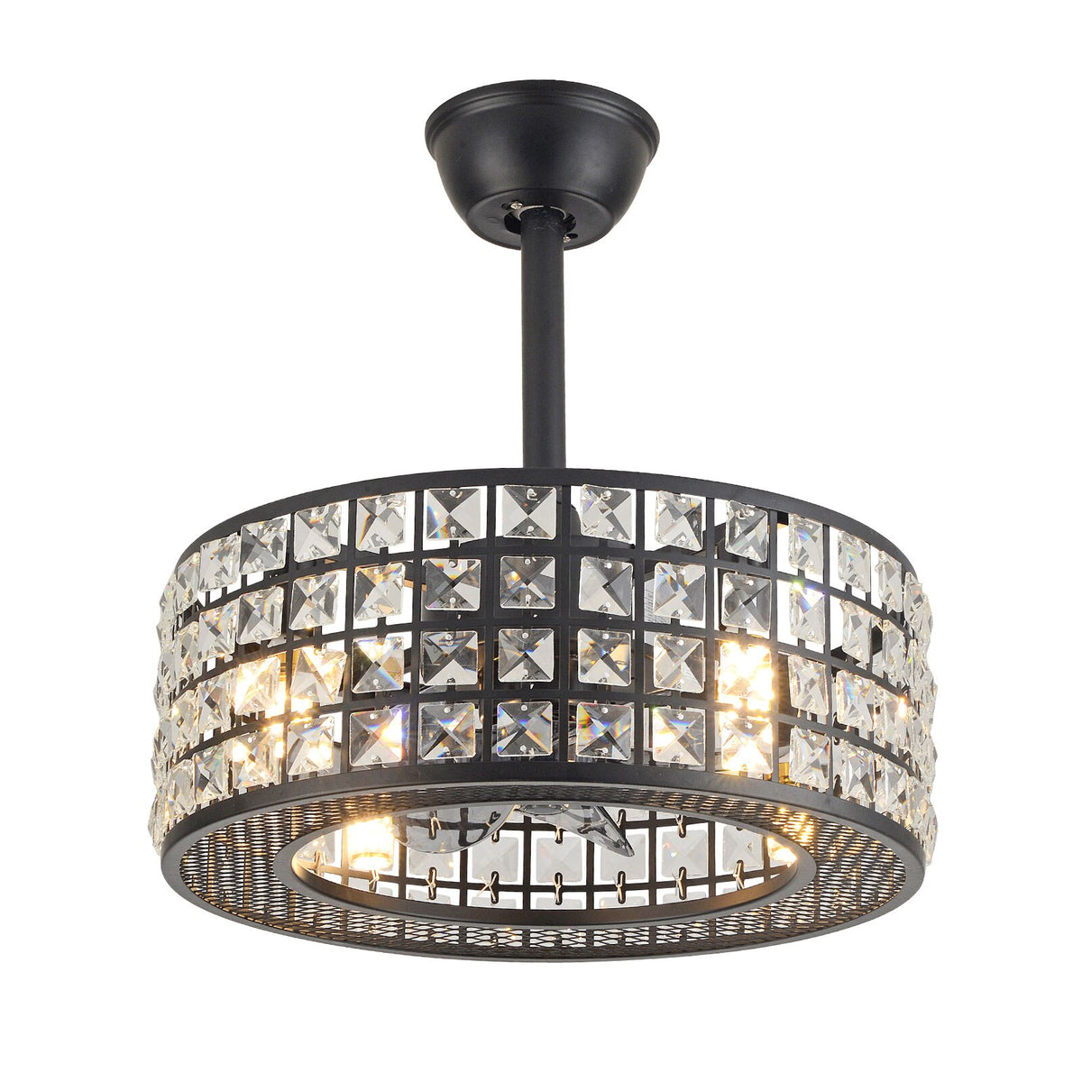 Remote Control Ceiling Fan Light with 4-Lamps 18 Inch Round Enclosed Chandelier Fan with Crystal Lamp Shade Built in 7 ABS Blade