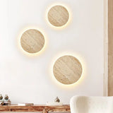 Huangdong Stone Round Thin Slice LED Wall Lamp - Designer Natural Travertine Accent Sconce Light Fixture for Bedroom Bedside, Living Room & Staircase