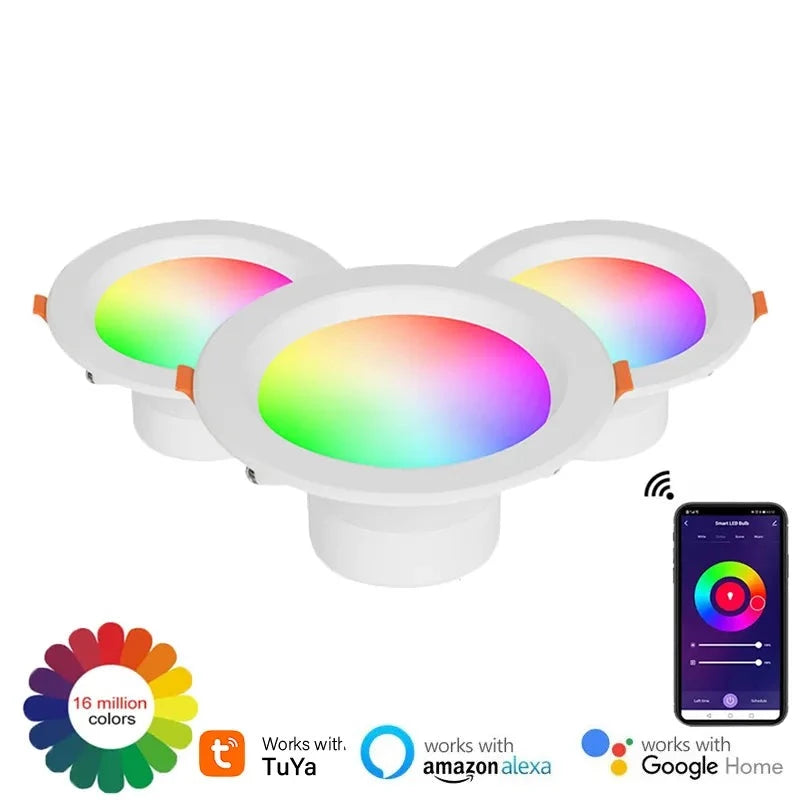 Smart Downlight 9/12/15W Full Color Dimming RGBCW Led Recessed Ceiling Light via APP Remote/Voice Control