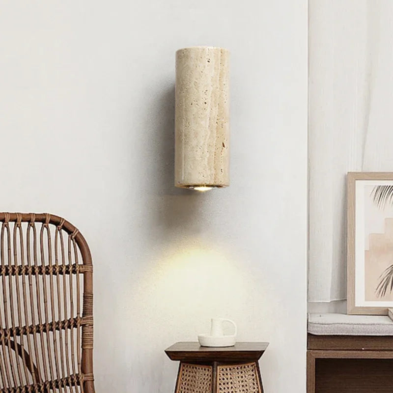 Wabi-Sabi Yellow Travertine Marble LED Wall Sconce - Japanese Natural Stone Minimalist Wall Lamp for Bedroom Bedside, Living Room & Corridor
