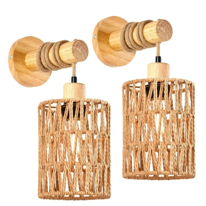 Hemp Rope Wall Sconce - Modern Farmhouse Cylinder Light for Bedroom & Hallway