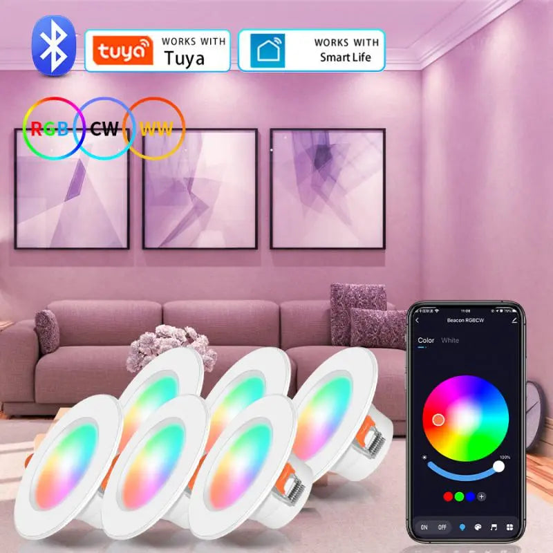 Aubess LED Smart Downlight Indoor Light Spotlight Tuya Bluetooth Control 10W 15W RGB+CW+WW AC 85-265V Ceiling Light Decoration