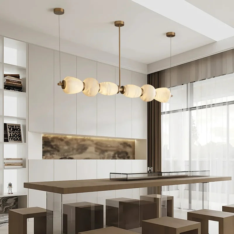 Modern Natural Alabaster Linear LED Chandelier - Brass & Marble Hanging Pendant Lamp for Dining Table, Kitchen Island & Living Room
