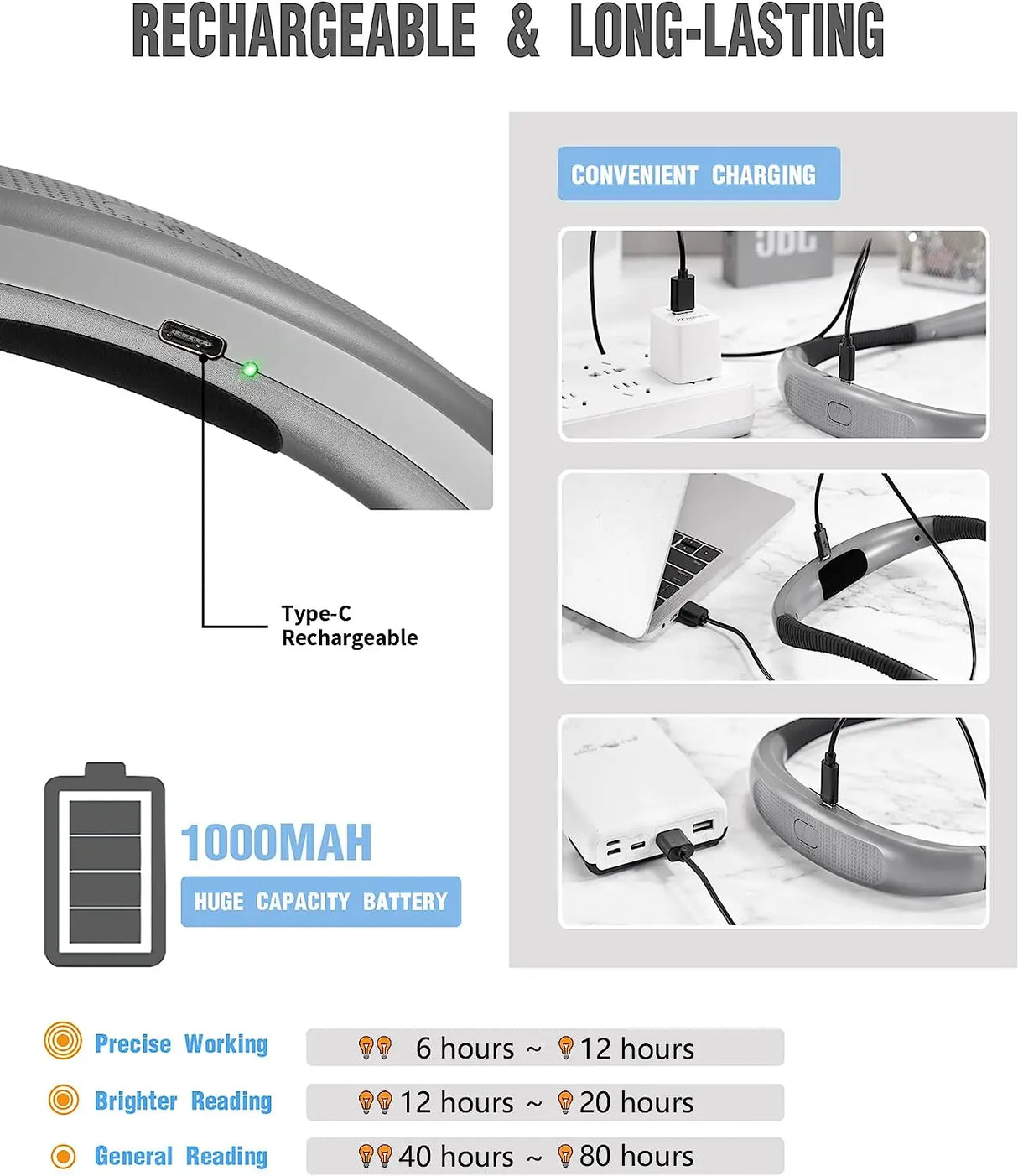 Student LED Neck Reading Light Dimmable Eye-caring lamps Bendable Arms Rechargeable Long Lasting Book Lighting For Hot Sell