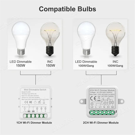  Wi fi Smart Dimmer Switch Module 10A Support 2 Way Control 1/2 Gang Dimmable Compatible with Alexa Google Home Smart life App