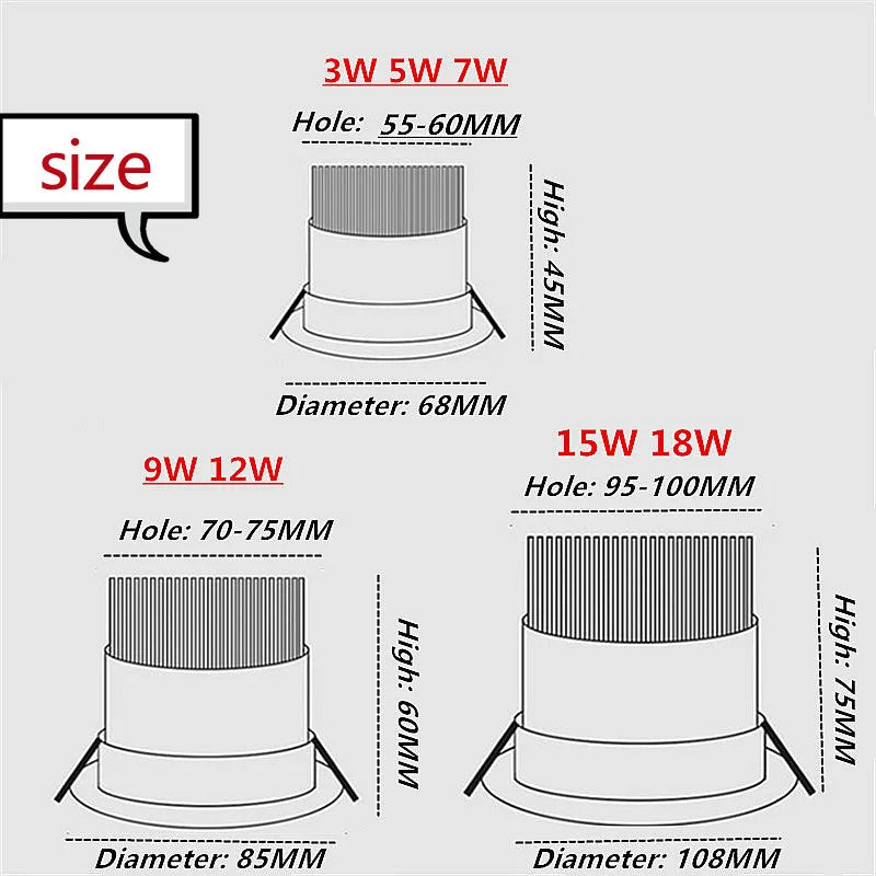 Dimmable Living room bedroom dining room spot light Led Downlight Light Ceiling Spot 3w 5w 7w 9w 12w 15w 18w AC85-230V Recessed