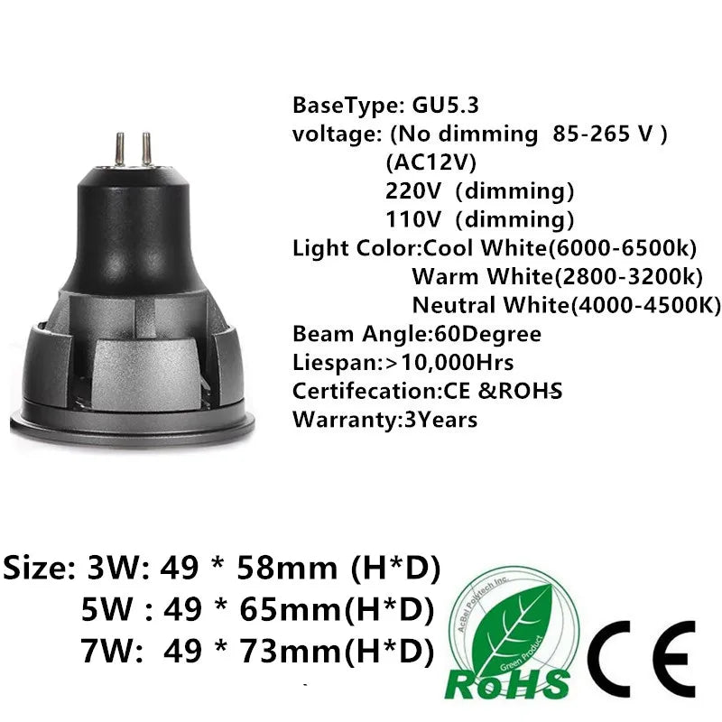 Super Bright Dimmable GU10 / GU5.3 / E27 / MR16 COB 3W 5W 7W LED Bulb Lamp 85-265V 12V Spotlight Warm White / Cold White LED L
