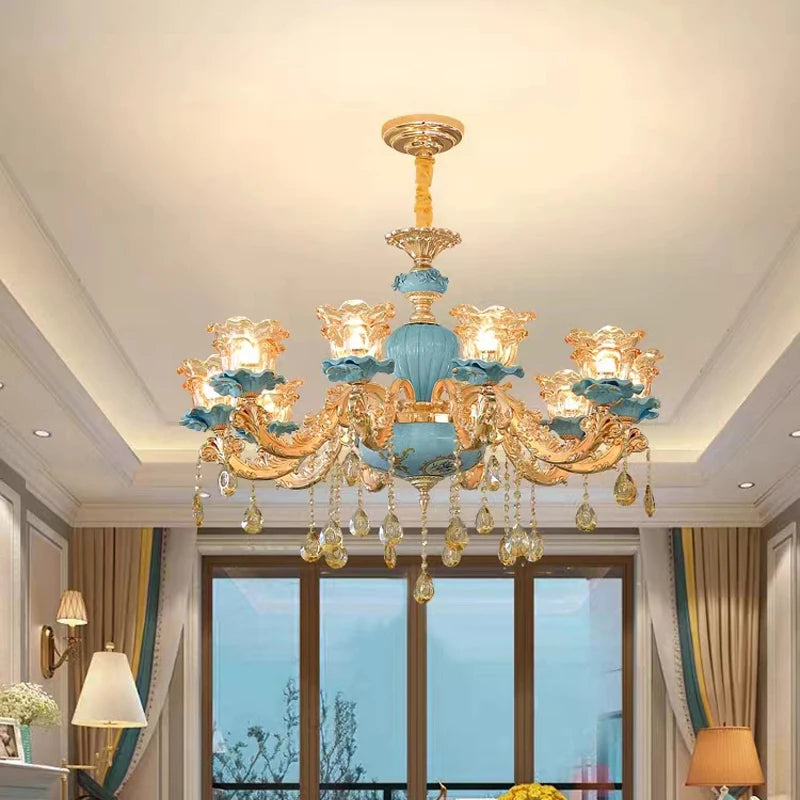 Large Blue Ceramic Chandelier Modern Crystal Glass Fixture Dining Room Contemporary Chandelier For Living Room Home Lighting