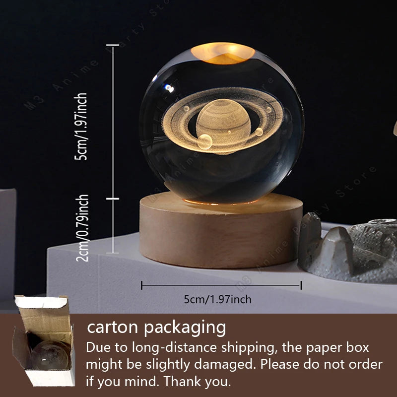 3D Crystal Ball LED Night Light (5cm) - Glowing Galaxy, Planets & Moon Bedside Lamp