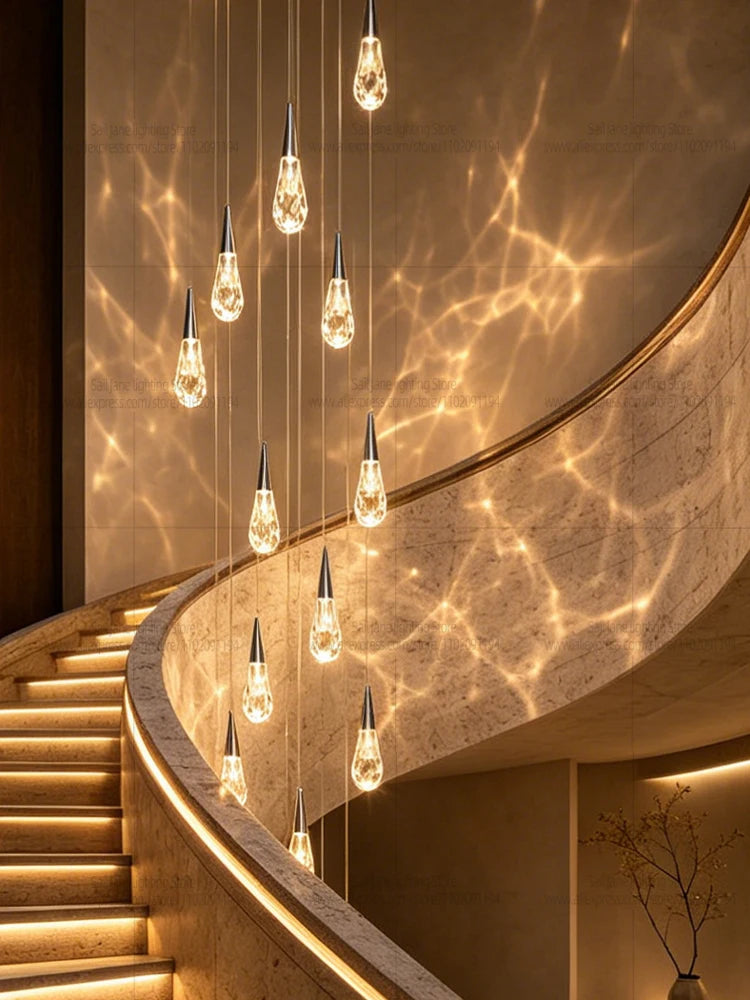 Modern Luxury Crystal Chandelier Hanging Staircas Water Droplet Pendent Lamp Villa Living Room Ceiling Light Attic Pendant Light