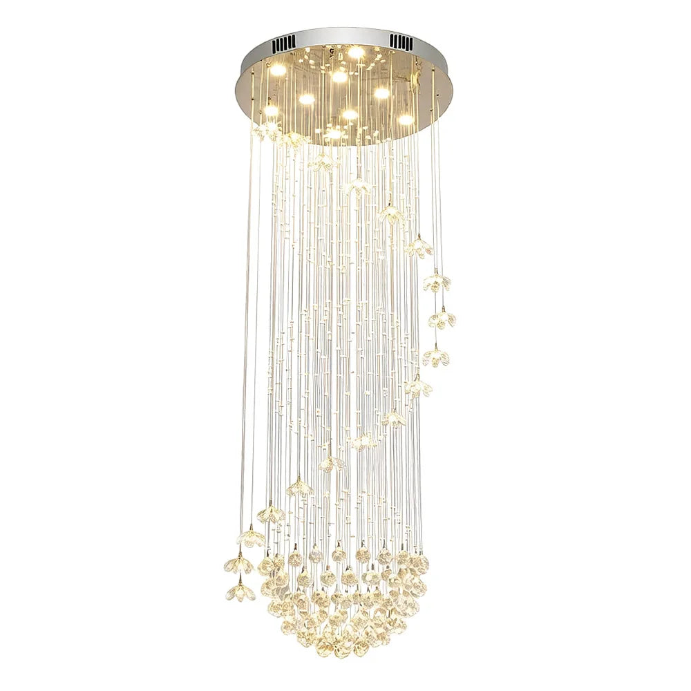 Floral Crystal String Chandelier Tall LED Pendant Light Indoor Decor Lighting For High Ceiling Stairs Lobby Hotel