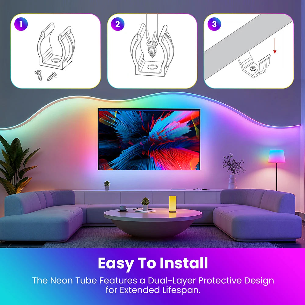 Fluffy Velvet RGB Neon LED Strip Light - 360° Round Tube WS2812B USB Light