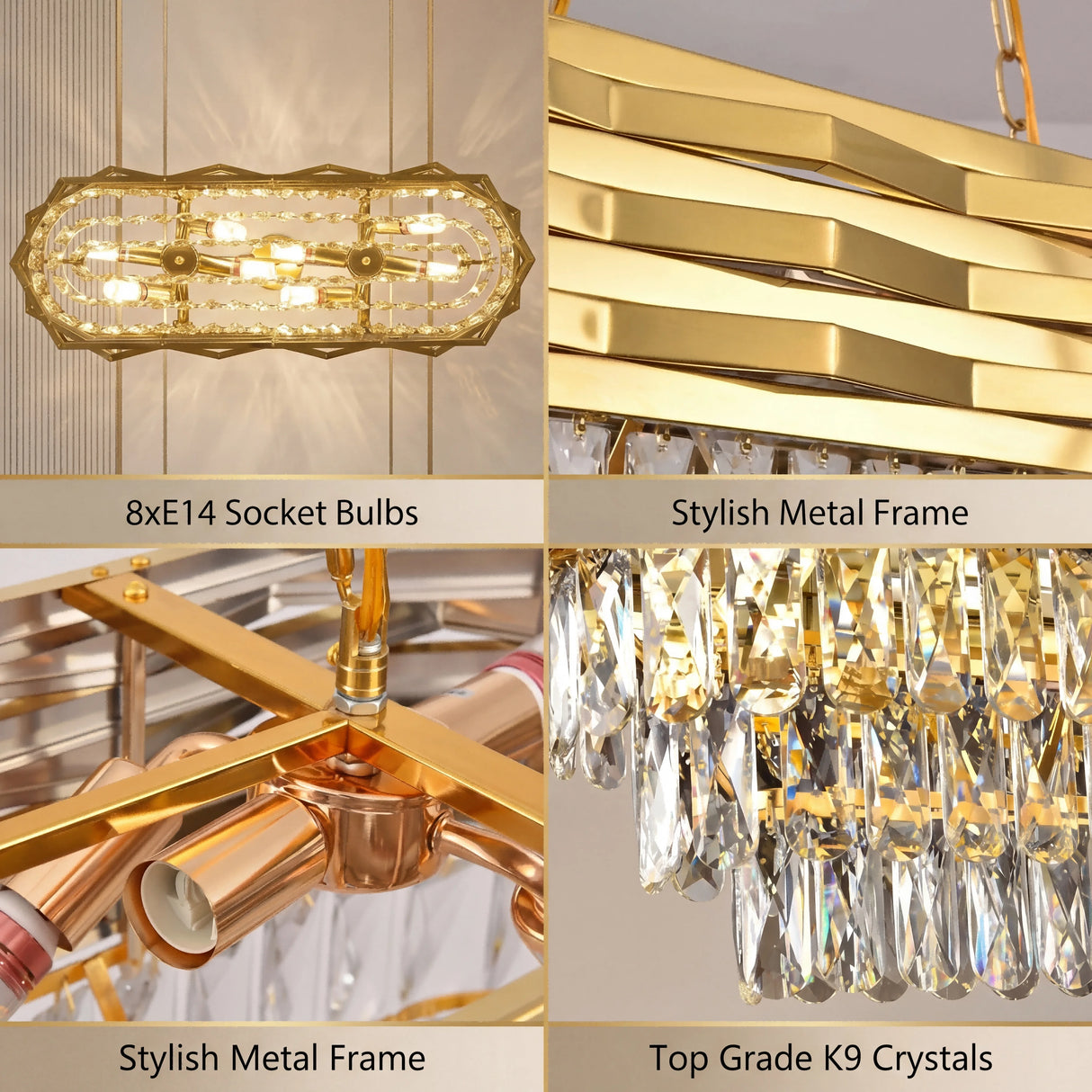 Modern Luxury Gold Crystal Chandelier K9, 8-Light Adjustable Chain Rectangular Ceiling Light Fixture for Dining Room/Living Room