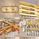 Modern Luxury Gold Crystal Chandelier K9, 8-Light Adjustable Chain Rectangular Ceiling Light Fixture for Dining Room/Living Room