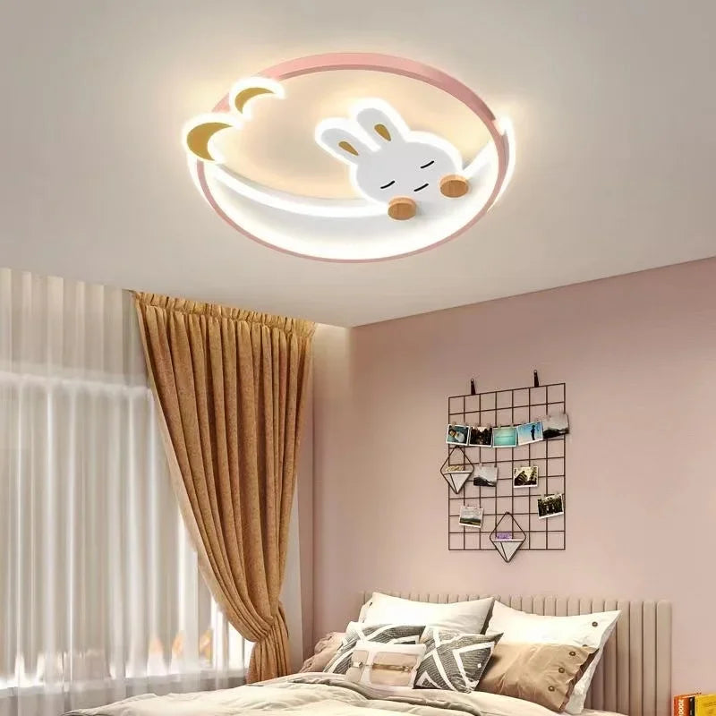 Cartoon Pink Rabbit Moon Chandeliers Kids Room Ceiling Lamp Pink Pretty Babys Girls Room Light Ceiling  RC Dimmable