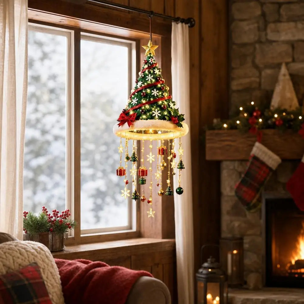 Cute Santa Hat Hanging LED String Light Christmas Decor Lamp Tassel Star Bell Pendants Holiday Party Home Wall Hanging Ornament