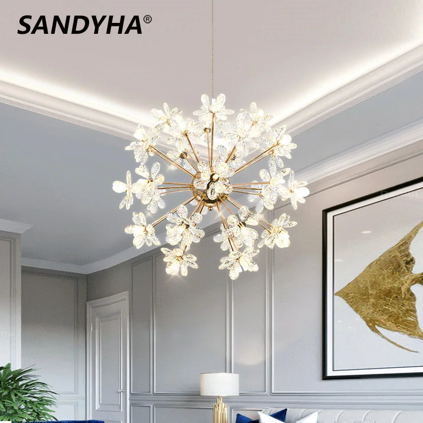 Modern LED Luxury Crystal Chandelier Dandelion Round Ball Pendant Ceiling Lamp for Dining Living Room Hanging Light New